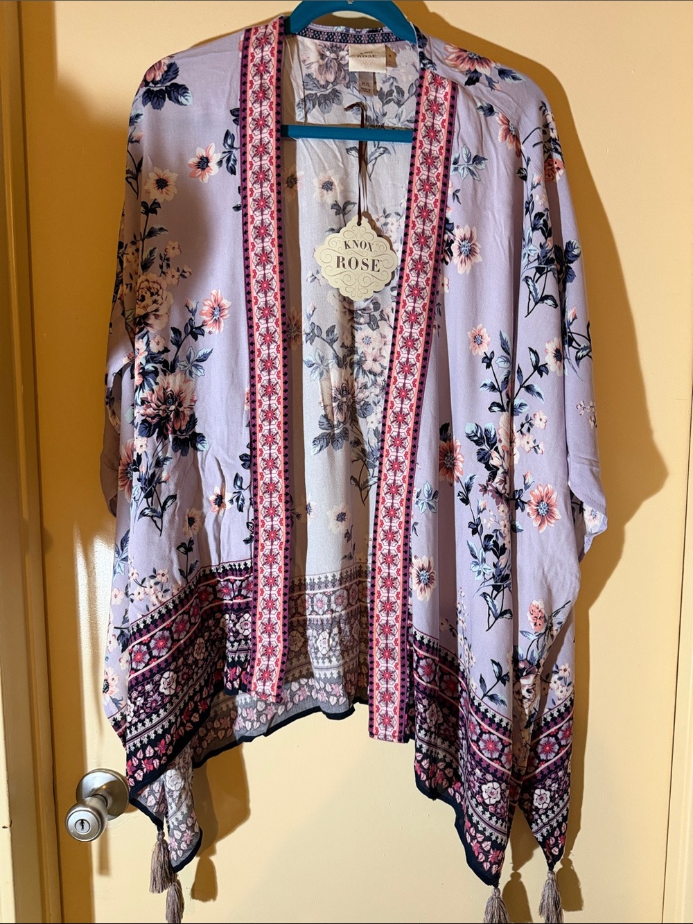 Floral Kimono - Lilac background with florals pink front trim & tassels